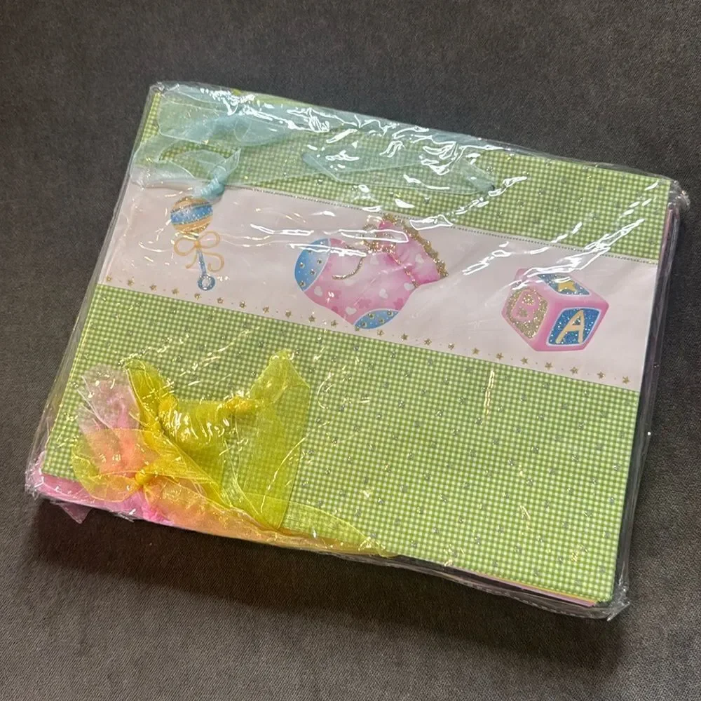 Baby Shower Gift Bags 12 Pack Ribbon Handles 3 Designs Yellow Pink Green NEW